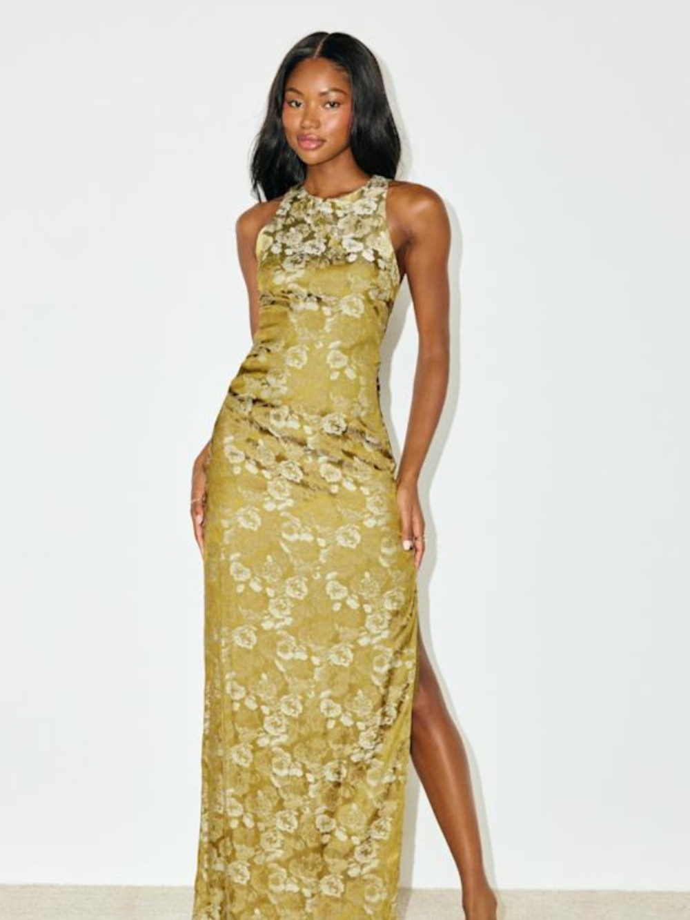 Lulus Lamila Chartreuse Floral Satin Column Maxi Dress Green - Size S